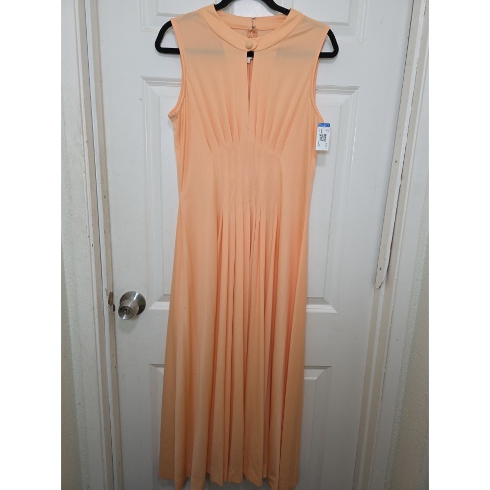 VTG ILGWU Peach Pleated Maxi 90s Y2k Dress Womens M Sleeveless Mock Neck Retro
